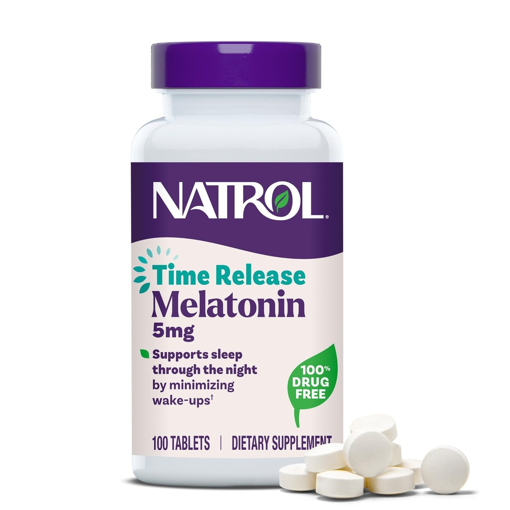 Natrol Melatonin 5 mg Time Release, Nighttime Sleep Aid, 100 Tablets | Dietary Supplement to Minimize Wake Ups, 100% Drug-Free, Non-Habit Forming, For Occasional Sleeplessness, 100 Day Supply