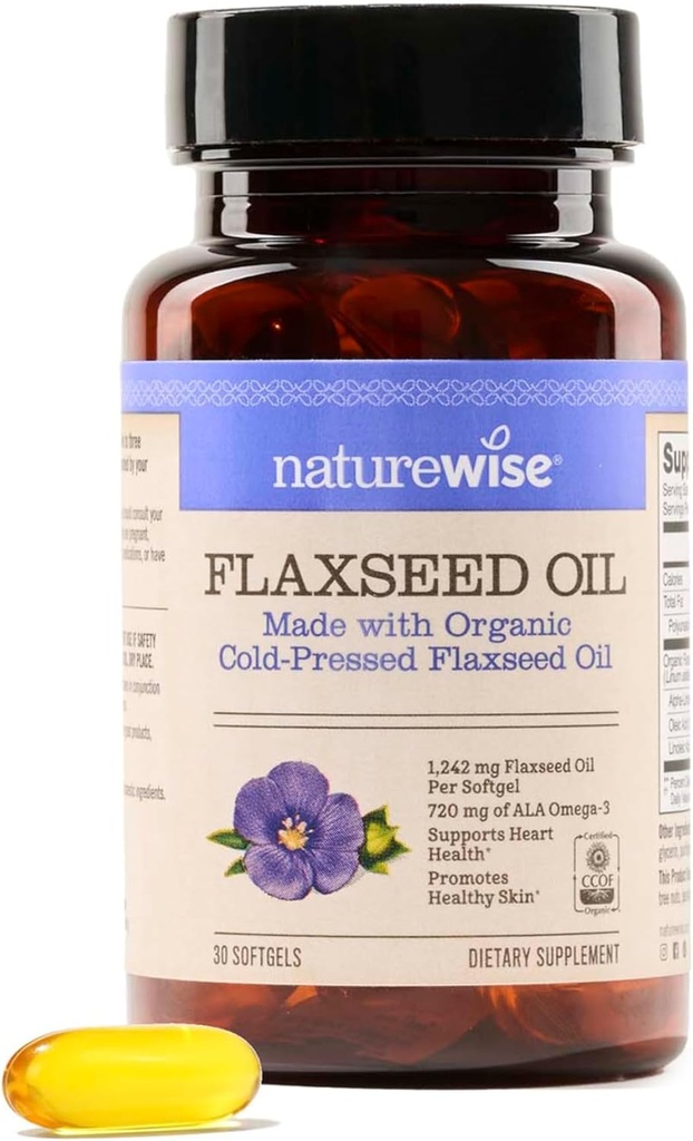 NatureWise Flaxseed Oil 1200 mg, Fish Free Omega 3 6 9 med 720mg ALA, Kosttillskott för hjärthälsostöd - Organisk, kallpressad, icke-GMO - 30 Softgels[1-månaders leverans]