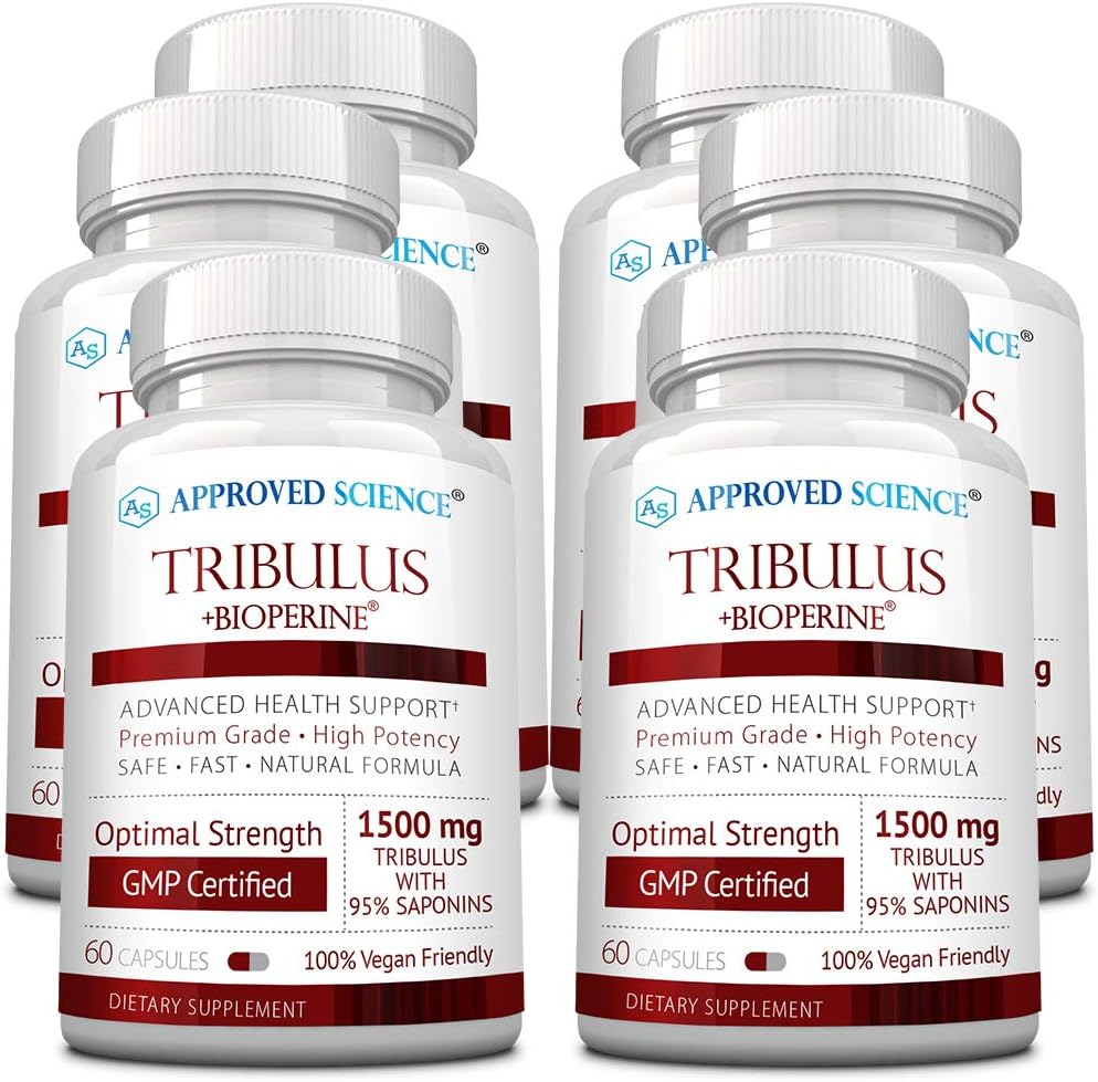 Patvirtintas Mokslas Tribulus Terrestris - 360 Capsules - Didina testosterono, pagerina Atletinės veiklos, Palaiko raumenų augimą ir remontą - 95% Furostanol Saponins - Bioperine - Vegan - 6 Buteliai