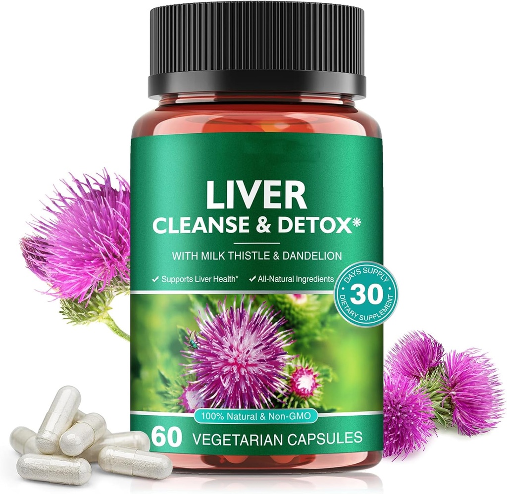 Liver Cleanse & Detox pílulas para a reparación da saúde do fígado - con extracto de cardo de leite, raíz Dandelion, xenxibre, po de escarpado e vitaminas - soporte natural de fígado, 60 cápsulas de Vegan