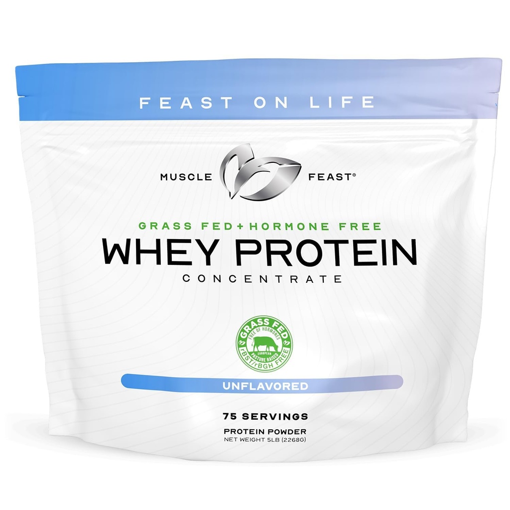 Muscle Feast Grass-Fed Whey Protein Concentrate Powder, All Natural, Hormone Free Pasture Raised Whey Protein Powder for Women & Men, Clean, Non-GMO & Gluten Free Whey Concentrate - Unflavored, 5lb