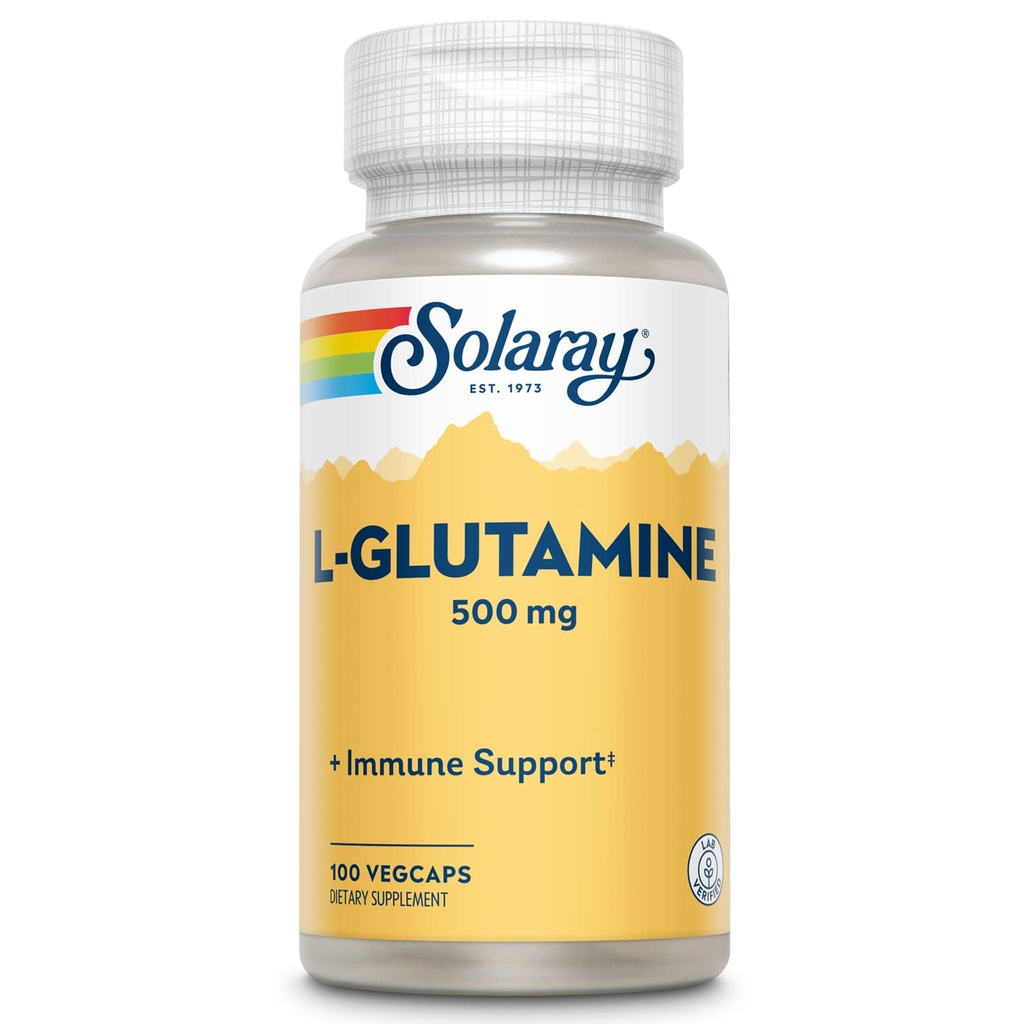 SOLARAY L Glutamine Capsules 500 mg - Immune Support Supplement - Free Amino Acid - Lab Verified, 100 Servings, 100 VegCaps