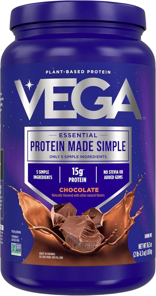 Vega Protein Made Simple - 15g Plant-Based Pea Protein, Chocolate, 39 Servings, Stevia Free, Žiadne umelé sladidlá alebo Gums, Non-GMO, Gluten Free, Dairy Free, 2.3lbs (Backaging May Vary)