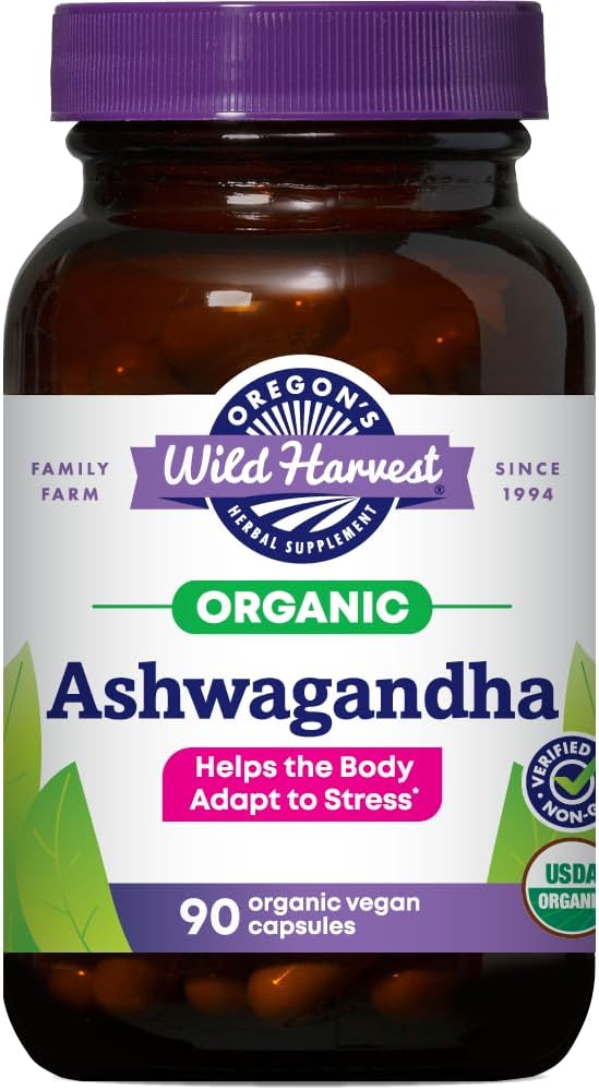 Oregon Wild Harvest Certified Organic Ashwagandha Herbal Vegan Capsules, 1200 MGS, 90 Count