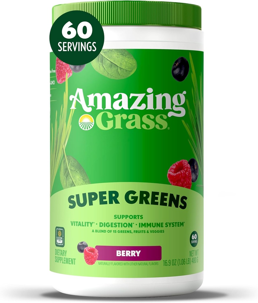 Amazing Grass Green Blend Superfood: Super Green Powder Smoothie Mix med Spirulina, Chlorella, Beet Root Powder, fordøjelige enzymer & probiotika, Berry, 60 Servere (Packaging May Vary)