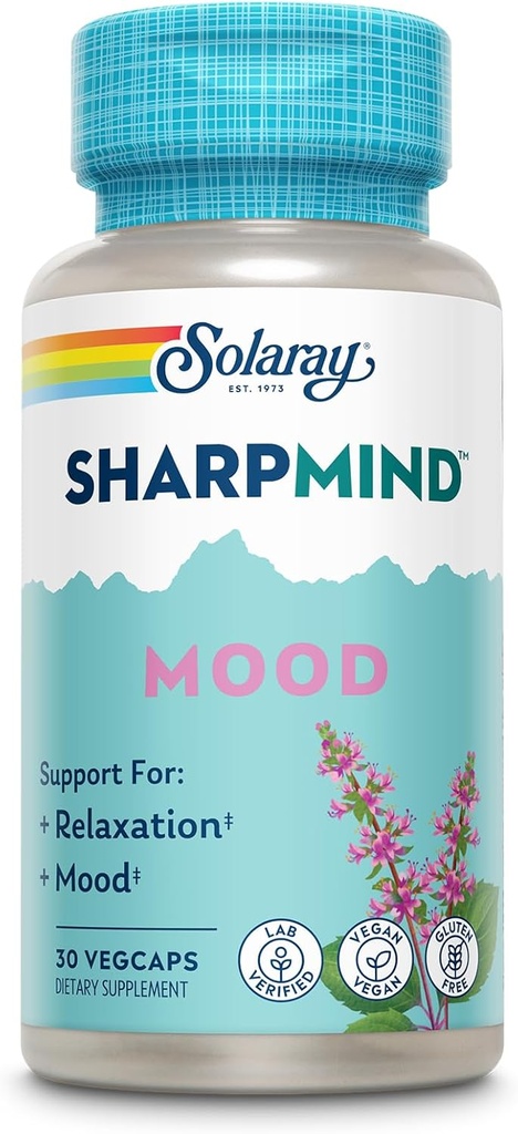 SOLARAY SharpMind Mood Support Supplemento, Nootropic for Relaxation and Stress Relief, Zembrin, Holy Basil, Lithium 5mg, Organic Reishi Mushroom, 60 Day Guarantee, 30 Servings, 30 VegCaps