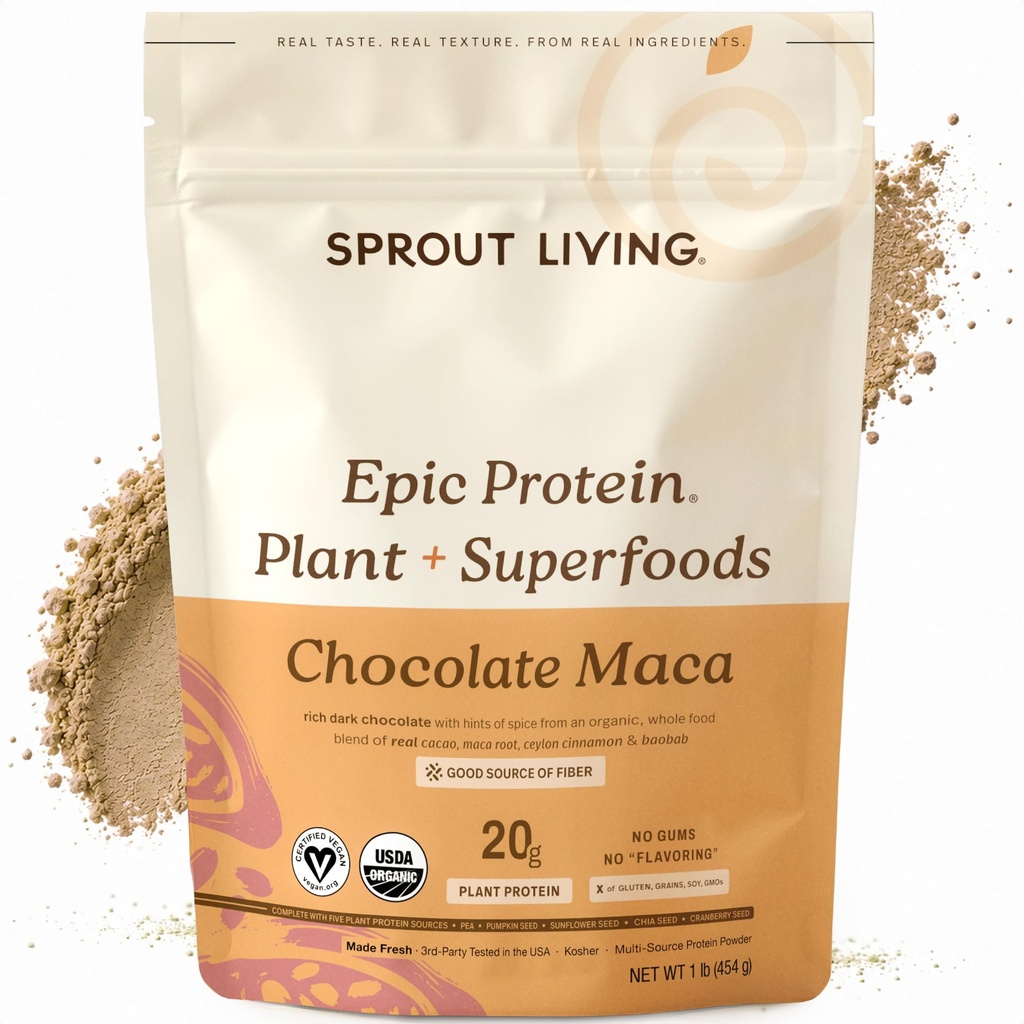 Sprout Living Epic Protein, Plant Based Protein & Superfoods Powder, Chocolate Maca Powder | 20 Grams Organic Protein Powder, Vegan, Non Dairy, Non-GMO, Gluten Free, Low Sugar (1 Pound, 12 Servings)