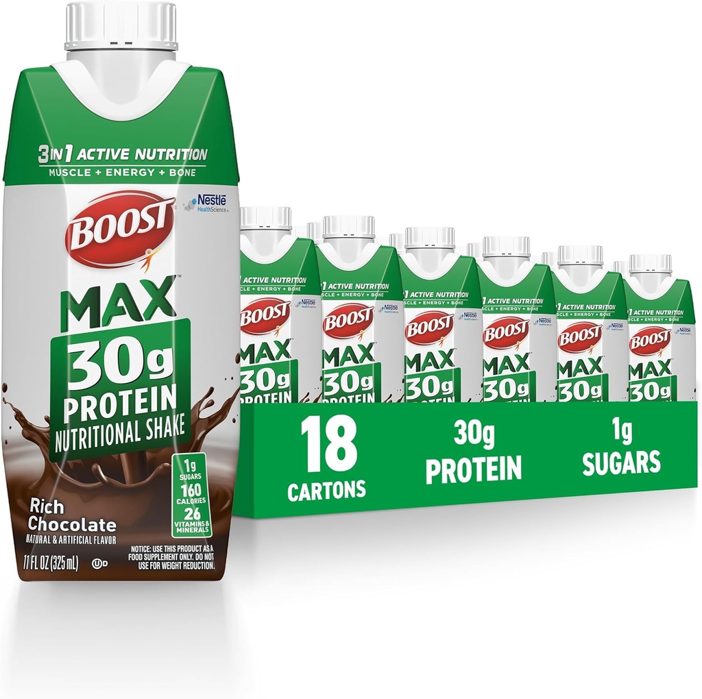 BOOST MAX Protein Shakes Ready to Drink - 30g High Protein Shake - Chocolate | Elikadura-edariak Muscle Recovery laguntzeko ariketaren ondoren, 26 bitamina eta mineral, 1g Sugar, 11 fl oz (Pack of 18)