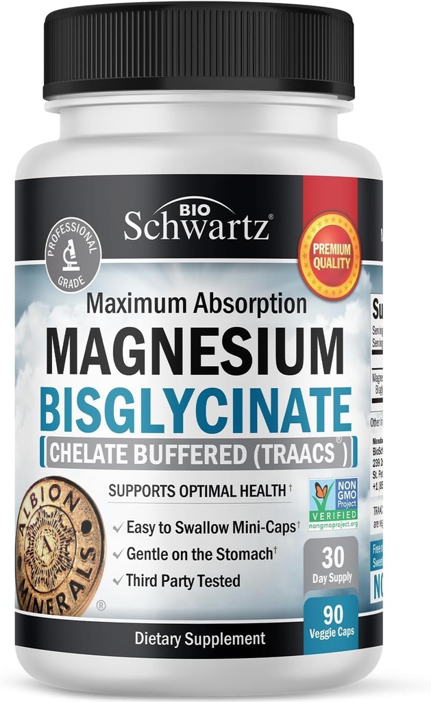 Magnesium Bisglycinate % 100 Chelate No-Laxative Effect - Gehienezko xurgapena eta Bioavailability, Erabat erreakzionatua eta Buffered - Energia Osasuntsuaren Muscle Bone & Joint Support - GMO Project Verified - 90 ct