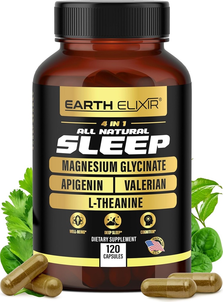 Earth Elixir 4-in- 1 Sleep Aid (120 Caps) w/Apigenin 50mg, Магнезий Glyciminate 200mg, L Theanine 200mg & Valerian Root for Sleep Aid 300mg  год.
