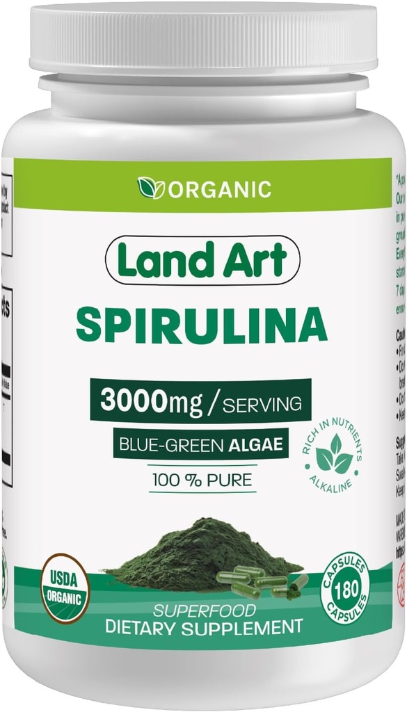Zemes mākslas Sertificēts Organic Spirulina - 180 Kapsulas - Superfood- bagāts ar minerālvielām, vitamīniem un proteīniem - Vegan