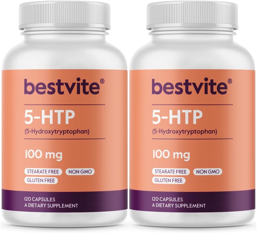 BESTVITE 5-HTP 100mg (240 Capsules) (120 x 2) - Geen stearates - geen stroommiddelen - niet GGO - glutenvrij