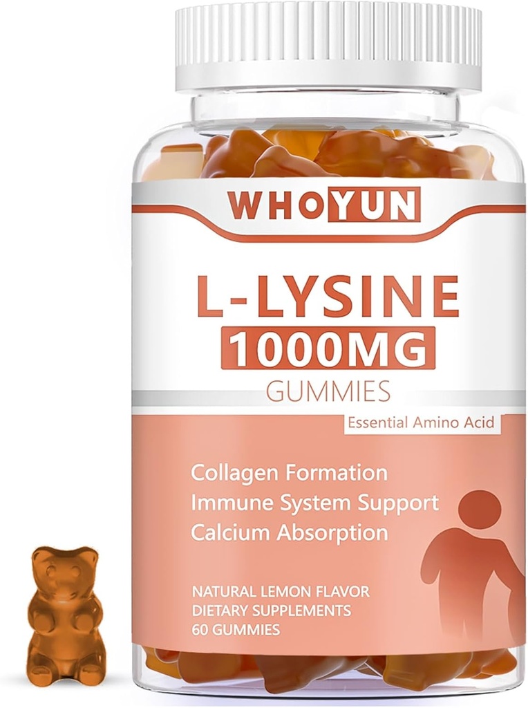 L-Lysine 1000 mg Gummys, 成人可口可乐赖氨酸补充剂, 免疫支持, 凝胶形成支持, Lemon Flavor, 60 Counter