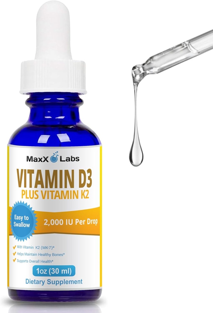 Vitaminas D3 K2 skysti lašai - skysti vitamin- D3 2000 TV Per lašas su K2 papildai suaugusiems & vaikams - VIT D sveikiems kaulams, širdies ir imuninės sveikatos - Vitaminas D K2 MK7 Dropper 1 Oz