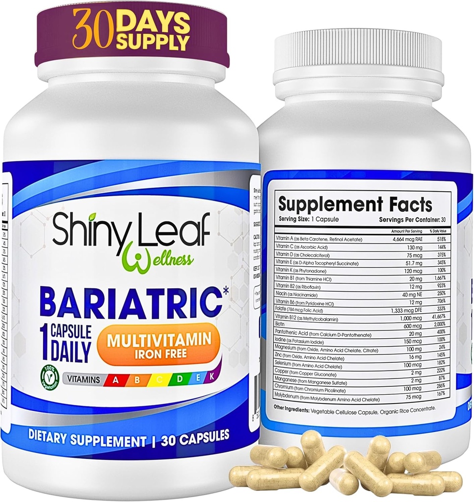 Shiny Leaf Bariatric 多维素 Without Iron - Vitamin for Gastric Bypass & Sleeve, 1 Daily Capsule W 维生素A, C, D, Biotin, Zinc, B12, K, 植物学, 无豆, GMP Cert., Made in USA (30 Ct.)