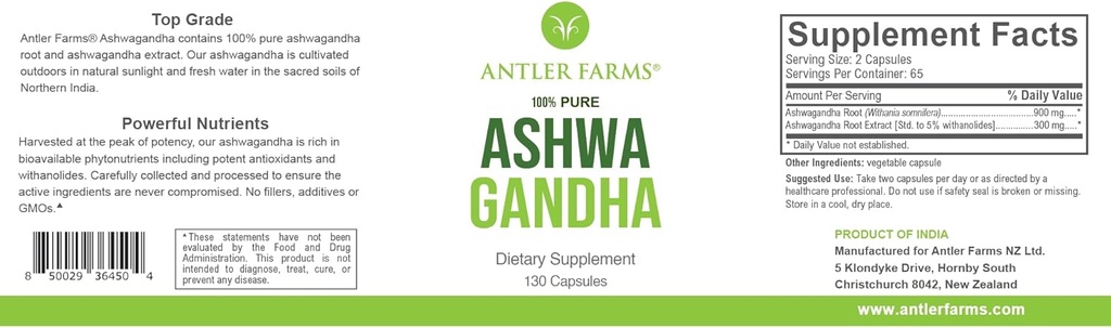 Antler Farms 100% Pure Ashwagandha Root and Ashwagandha Root Extract, 130 Capsules, 1200mg 