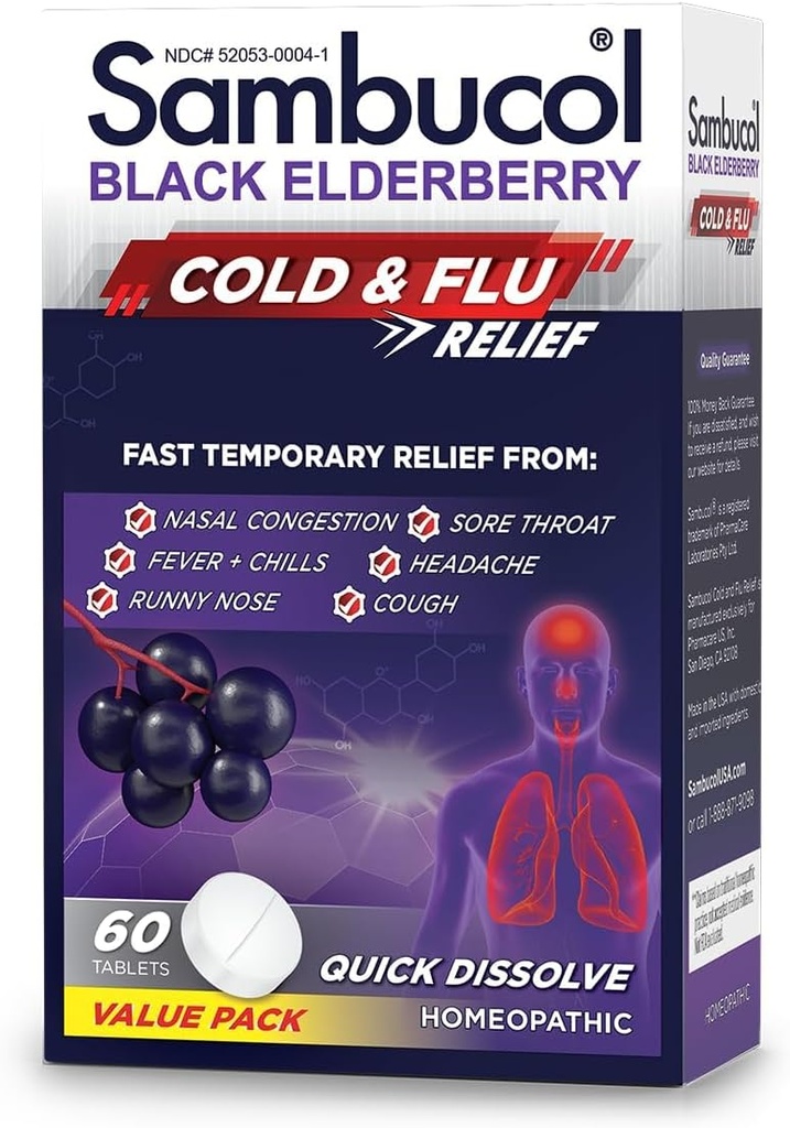 Sambucol Cold and Flu Relief Tablets - Homeopathische Koude Geneeskunde, Koude Remedie voor Volwassenen, Zwarte Vlierbes voor Verkoudheid, Zink Koude Remedie - 60 Tellen