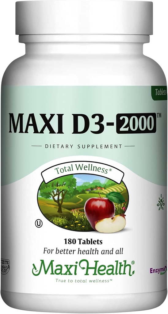 Maxi Health Kosher bitamina D3 2000IU - D bitamina xurgaezina Erantzun osasuntsurako, Calcium Absorption, Teeth & Bone Health - D3 bitamina 2000 IU -180 Tablets
