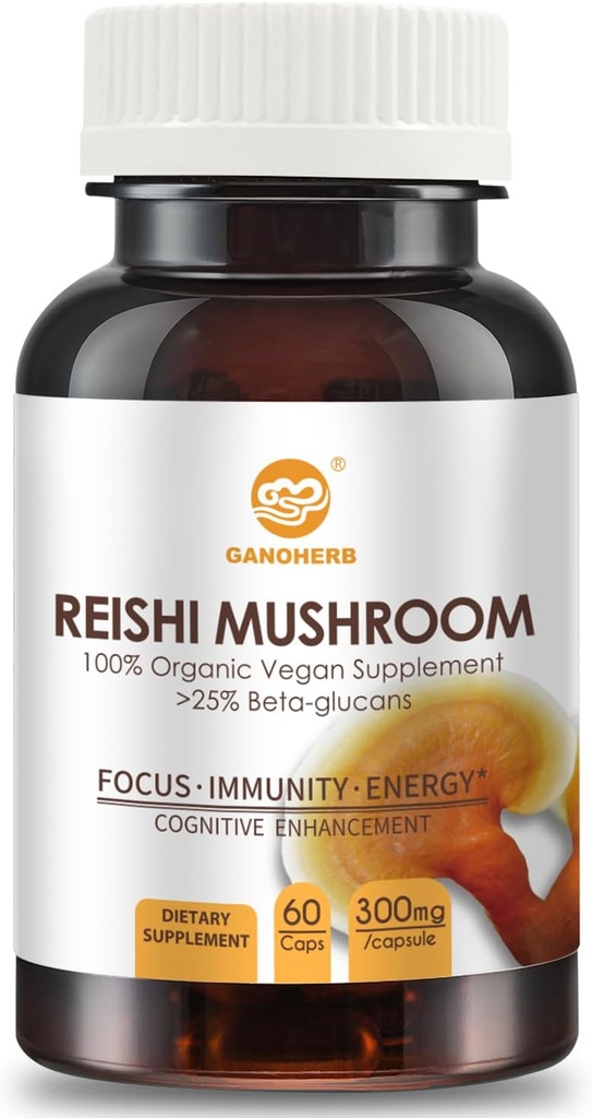 Reishi Mushroom Capsules, Bio Advanced Superfood Supplément avec Reishi Mushroom Powder 450mg, Reishi Shell-Broken Spores 270mg, Reishi Mushroom Extract 180mg pour la longévité, la santé immunitaire