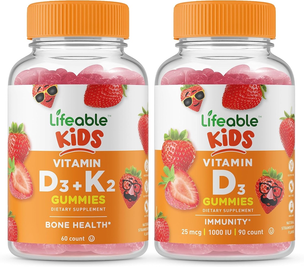Lifeable Vitamin D3 + Vitamin K2 Uşaqlar + Vitamin D Uşaqlar, Gmmies Paket - Böyük Tasting, Vitamini, Gluten Free, GMO Free, Chewable Gummy