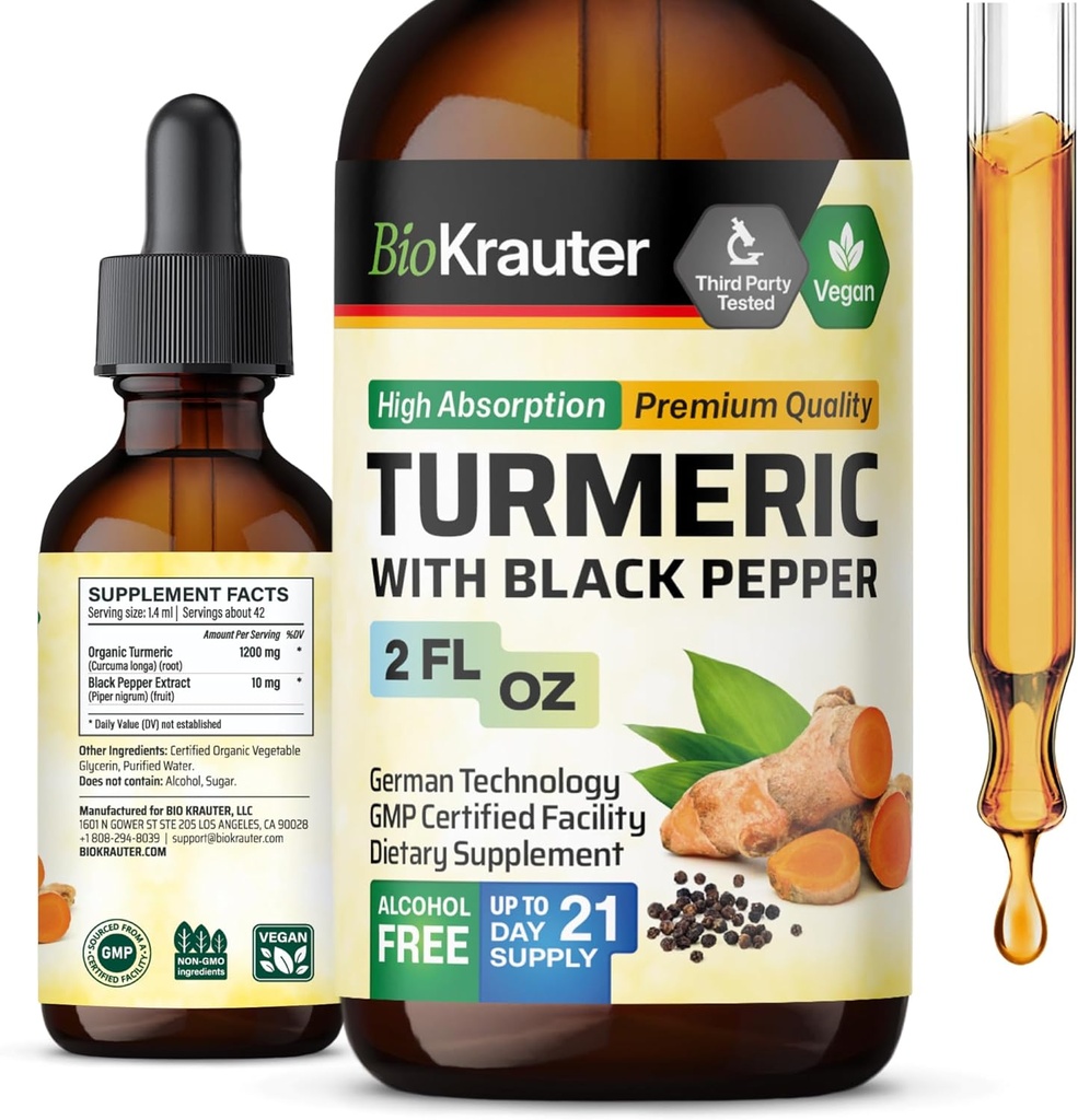 BIO KRAUTER Turmeric Supplement tinktura - 1200 mg kurkumin s černým pepřem Extract - Alkohol a cukr zdarma - Vegan Drops 2 Fl.Oz.