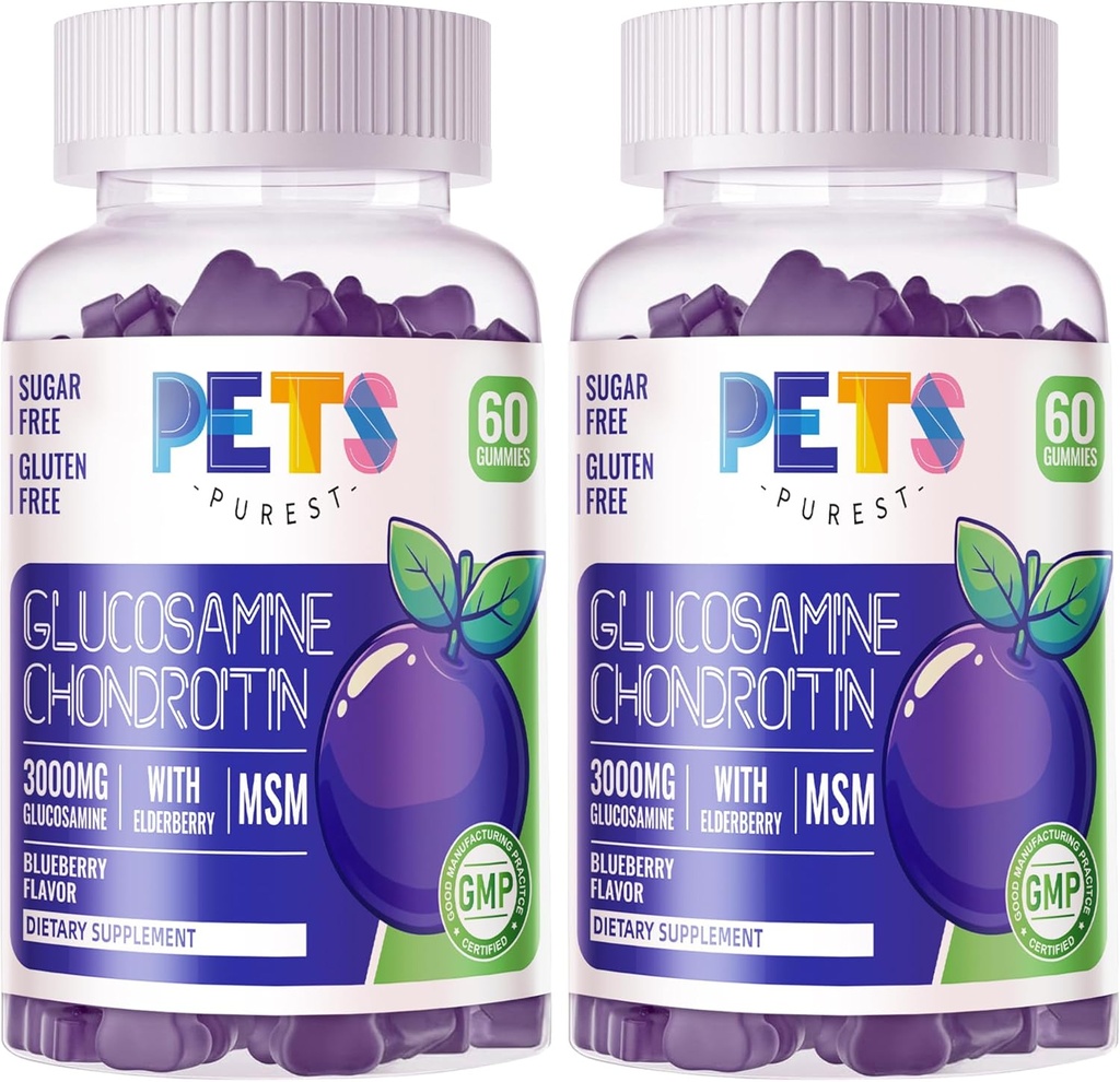 Lemmikkieläimet Puhdas Glukosamiini Chondroitin Gummies MSM & Elderberry Extra Strength - Joint Support, antioksidantti Immuuni tuki täydentää aikuisille, miehet & naiset.(2 Pack) Mustikka