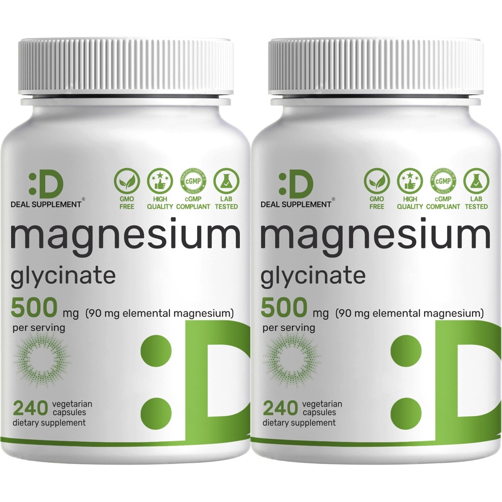 Deal Supplement Magnesium Glycinate 500mg, 480 Veggie Capsules | 100% Chelated for Easy Absorption | Essential Mineral Supplement | Non-GMO, Gluten-Free
