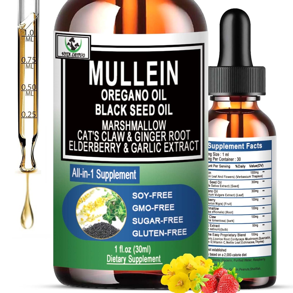 16-in-1 Organic Mullein Drops for Lungs | Mullein Leaf Extract w/Oil of Oregano with Black Seed Oil | Non-GMO&Gluten Free Respiratory Health Liquid Drops | Mullein Supplement Cleanse for Smokers
