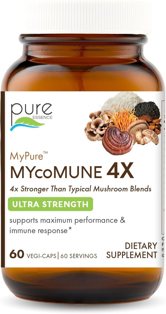 MYcoMune 4X Organic Mushroom Addition - Reishi, Lion's Mane, Cordyceps, Chaga, Shitake, Maitake for Имунна система, Борба със стреса, Изграждане на енергия чрез чиста Essence - 60 Caps