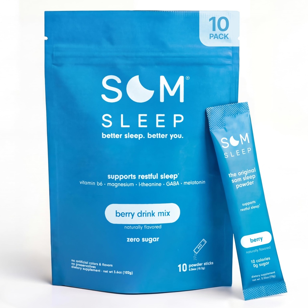 Som Sleep, Calm Sleep Nighttime Powder Drink Mix, Melatonin 3mg, Magnesium, Vitamin B6, L-Theanine & GABA – Vegan, Zero Sugar – Berry, 10-Pack