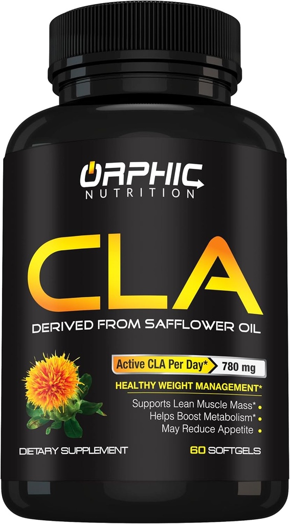 ORPHIC NUTION CLA Safflower Oil Supplate - 用Safflower Oil制造 - 780mg 非兴奋剂催化的Linoleic Acid for Men and Women * 支持体重损失和代谢努力 * - 60软胶