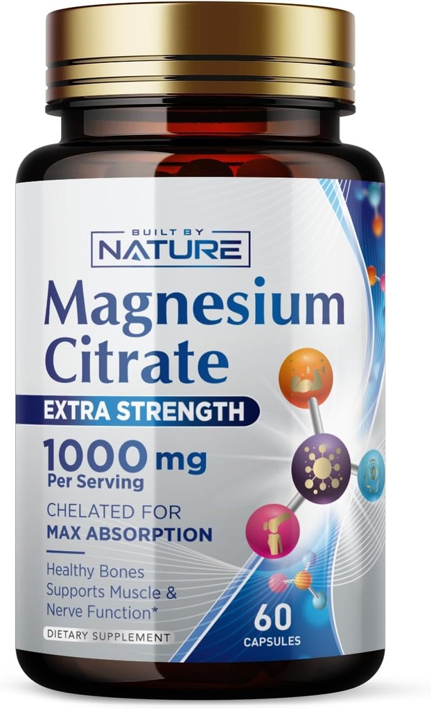Magnesium Citrate 1000mg - Max Absorption " High Potency Magnesium Complex supplement for Heart, Muscle, Nerve, Bone Health ' Stress Relief - Non-GMO, Gluten-Free - 60 Vegan Capsules