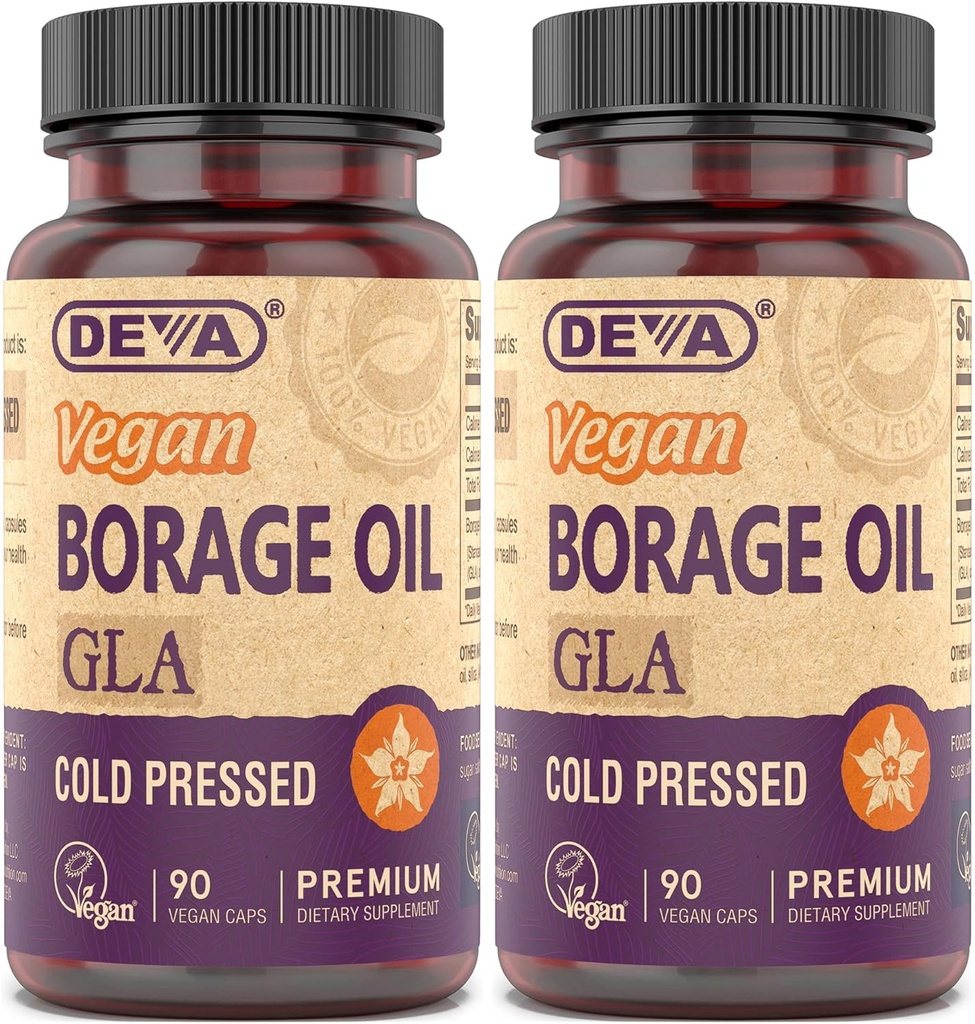 DEVA Vegan Vitamins, Borage Oil 500mg, Source of Omega-6 Fatty Acid GLA (Gamma linolén sav), Cold- Pressed & Unfinished, 90 Tabletta (csomag 2)