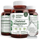 Natural Nutra Chelated Magnesium Oxide 250 mg - High Absorption for Strong Bones, Heart Health, Dental Health, Energy Boost, Gluten-Free, Non-GMO, 180 Tablets in BPA-Free Recyclable Glass Bottles