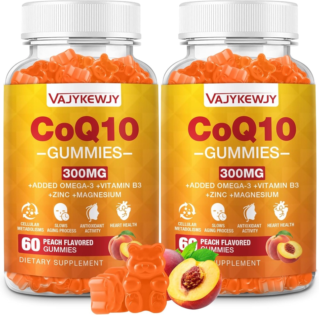 2 Pack CoQ10 Gummys 3000 mg - Plus Omega-3,维生素B3 & Zinc,高吸收性Coenzyme Q10 细胞能和抗氧化剂支持补充,Vegan 120 Count