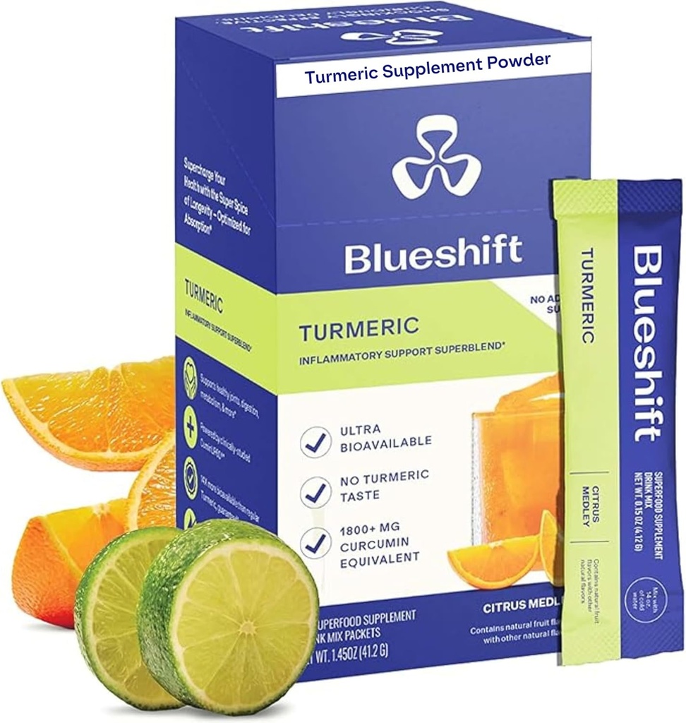 Blueshift Turmeric Citrus Medley - Turmeric Powder Packets for Water, Turmeric Curcumin Suplemento, No Sugar Drink Mix for Natural Recovery Support - Citrus Flavor, Powder Sticks (10 Pack)