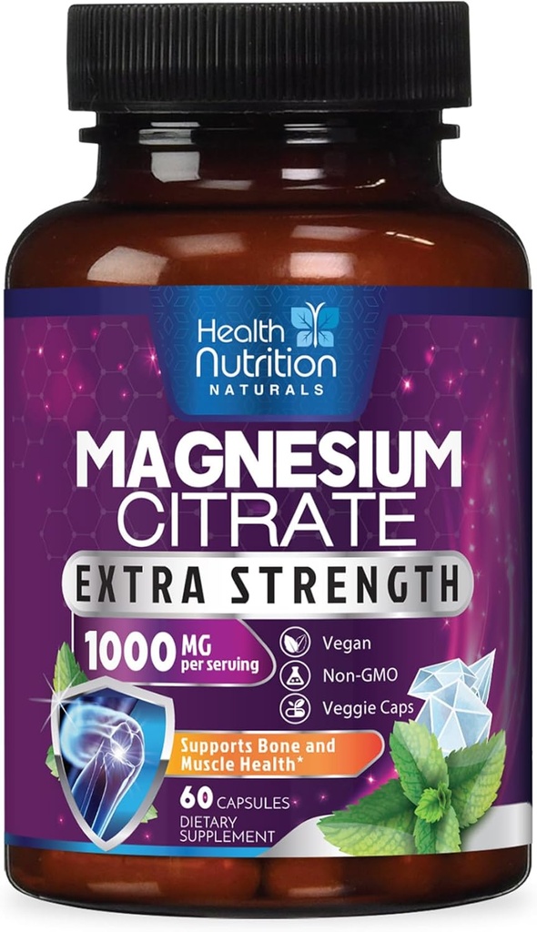 Magnesio Citrate kapsulak 1000mg - Max Absorption Magnesium Powder Muscle, Nerve, Bone eta Heart Health Support, Absorption Citrate Complex, Gluten Free, Non-GMO - 60 kapsulak
