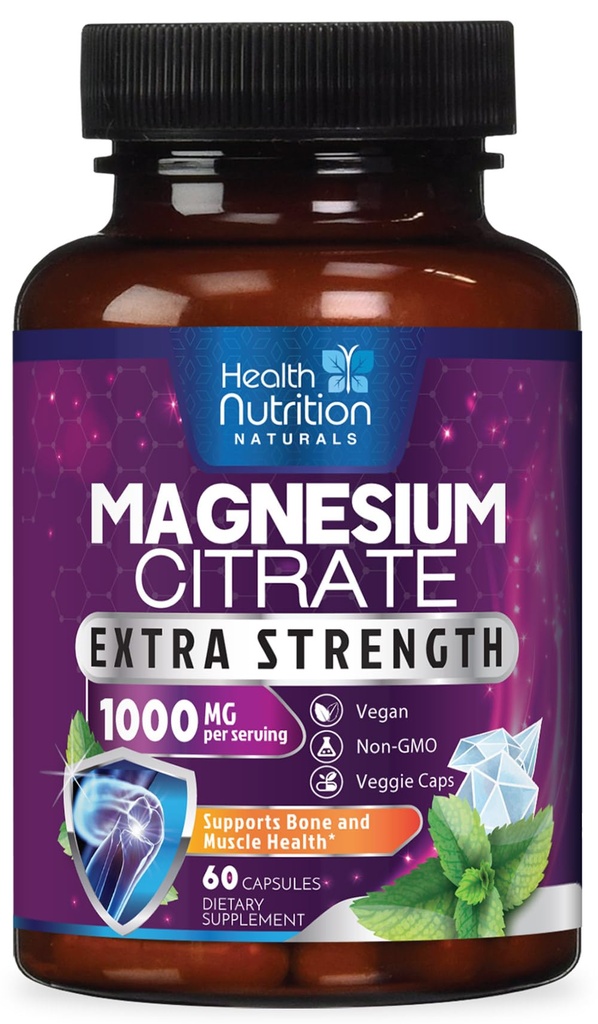 Magnesium Citrate 1000mg Per Serving - Max Absorption Magnesium Powder Capsules for Muscle, Nerve, Bone and Heart Health Support, High Absorption Citrate Complex, Gluten Free, Non-GMO - 60 Capsules
