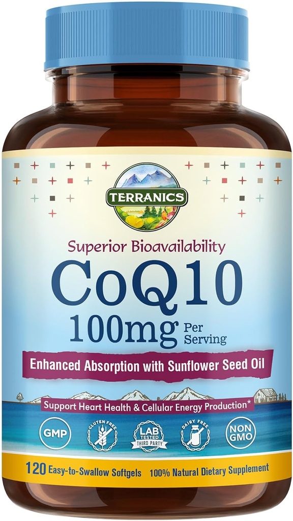 Terranics CoQ10 100mg, 120 Softgels, Absorption with Extra Virginia Olive Oil, Heart Health