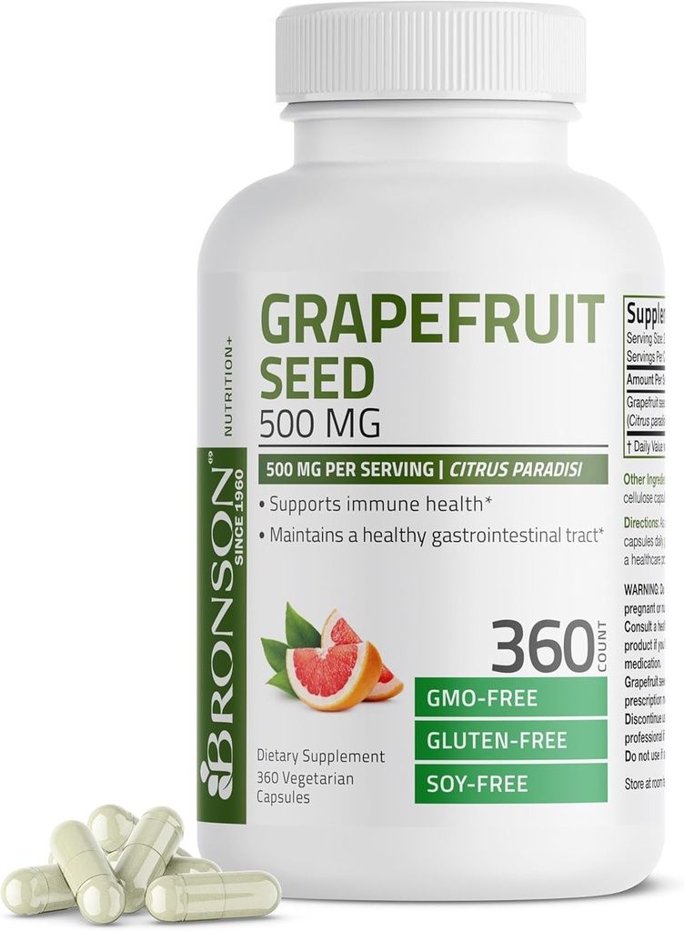 Bronson Greipfrūtu sēklu ekstrakts 500 MG uz vienu Kalpo Citrus Paradisi Atbalsta Imūnās veselības & Palīdz uzturēt veselīgu kuņģa-zarnu trakta Tract - ne-GMO, 360 Veģetārās kapsulas