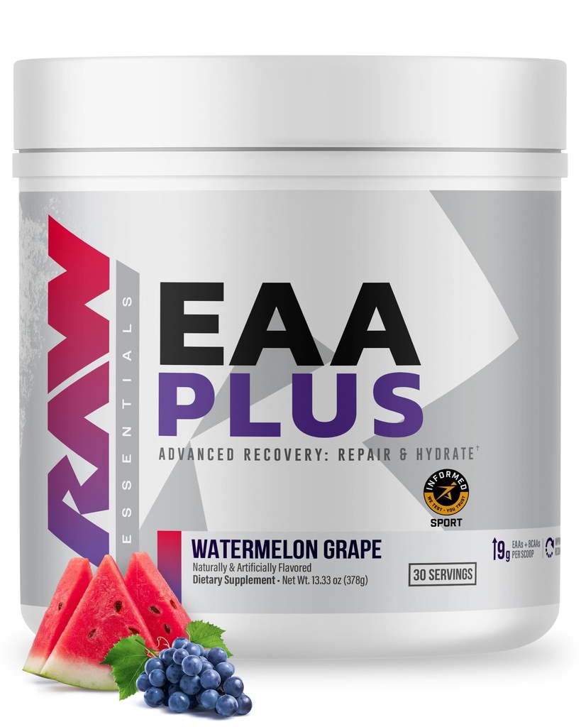 RAW EAA Plus, Amino Acids Powder, Watermelon Grape (30 Servings) - Pre Workout Amino Energy Powder for Advanced Endurance, Recovery & Lean Muscle Growth - BCAA Amino Acids Supplement for Men & Women