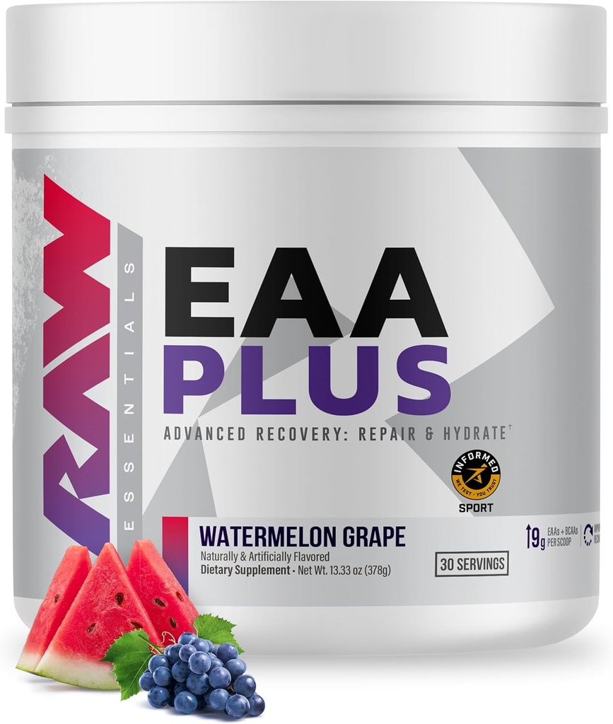 RAW EAA Plus, Aminosäuren Pulver, Wassermelonen-Griff (30 Portionen) - Pre Workout Amino Energy Powder for Advanced Endurance, Recovery & Lean Muscle Growth - BCAA Amino Acids Supplement for Men & Women