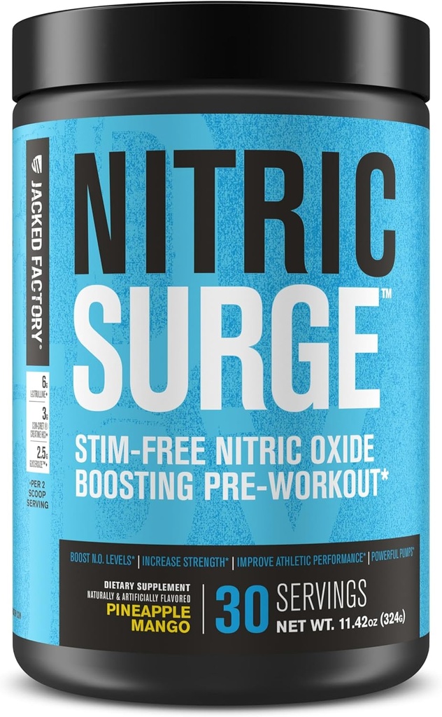 Jacked Factory Azoto Surge Stim Free Preworkout Mills - Caffee-Free azoto oksido papildas w / Con- Cret Creatine, L Citrulline, & Glicerolum Glicerolis - Pineapple Mango, 30 Servings
