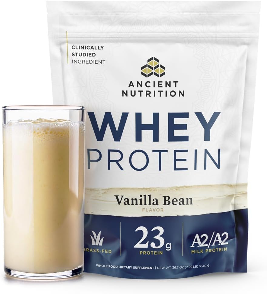 Ancient Nutrition Grass Fed Whey Protein, 23g Protein, Hydrolyzed Collagen Peptider, Organic Regenerative A2 / A2 Milk Protein (35 Servere, Vanilla Bean)