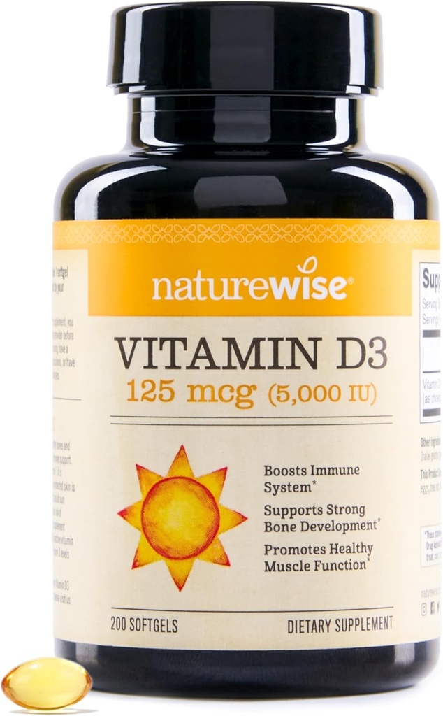 NatureWise Vitamin D3 5000iu (125 mcg) 200-Dag Supply for Immune Support, Healthy Muscle Function, and Bone Health - Non-GMO, Glutenvrij in biologische Extra Virgin Olive Oil, (Mini Softgel), 200 Tel.