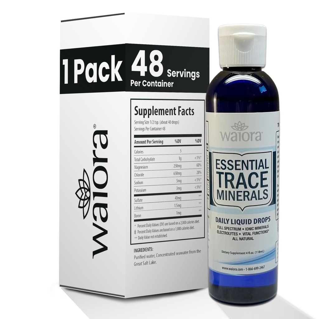 Waiora Essential Trace Minerals | Help Replenish Lost/Depleted Mineral | 60+ Ionic Trace Minerals | Support Body’s Vital Functions, pH Balance | Plus Electrolytes for Hydration (1 Bott / 48 serv)