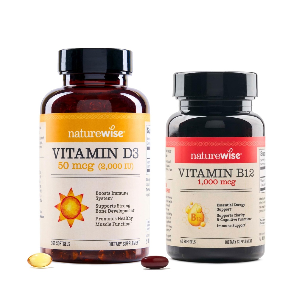 NatureWise Vitamin D3 2000iu 360 Count and Vitamin B12 1000mcg 60 Softgels for Energy, Immune Support and Healthy Muscle Function