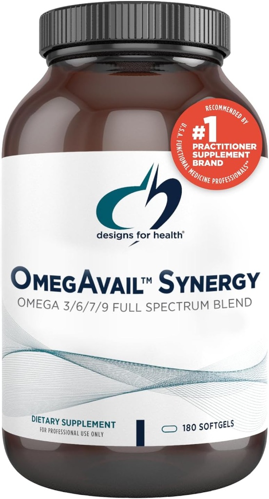 Designs for Health OmegAvail Synergy - Omega Complex for Adults - Omega 3-6-7-9 مقصات سمينة من براج وماكادامايا للنفط + تريغليسيرايد مع شركة DHA &apos; EPA (180 Softgels)