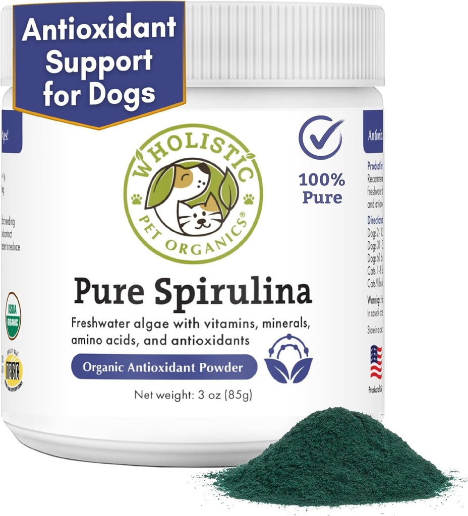 Wholistic Pet Organics Spirulina dla psów - 3 Oz - Wspiera zdrowy system immunologiczny & Alergia sezonowa - Przeciwutleniacz roślin Wsparcie dla Homemade Food - Organic Dog Food Topper - Świeżo wykonane w USA