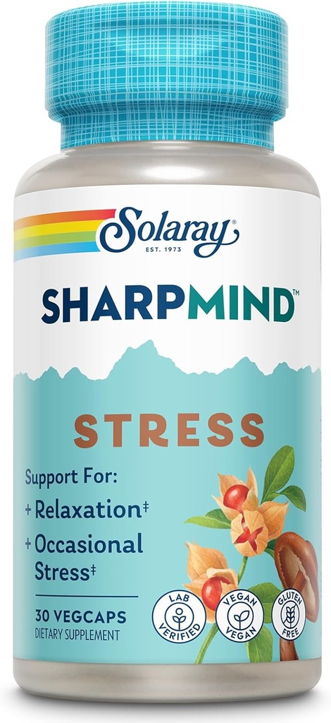 SOLARAY SharpMind Stres, Nootropic Implementació suplementari per la relaxació i l'Ocasal Stresal Suport de l'ajuda de l'ajuda de l'ajuda de l'ajuda, Adaptogen amb Ashwagandha, L Thea9, 60 de la moneda de 60 dies, Serv 30 ViegCaps
